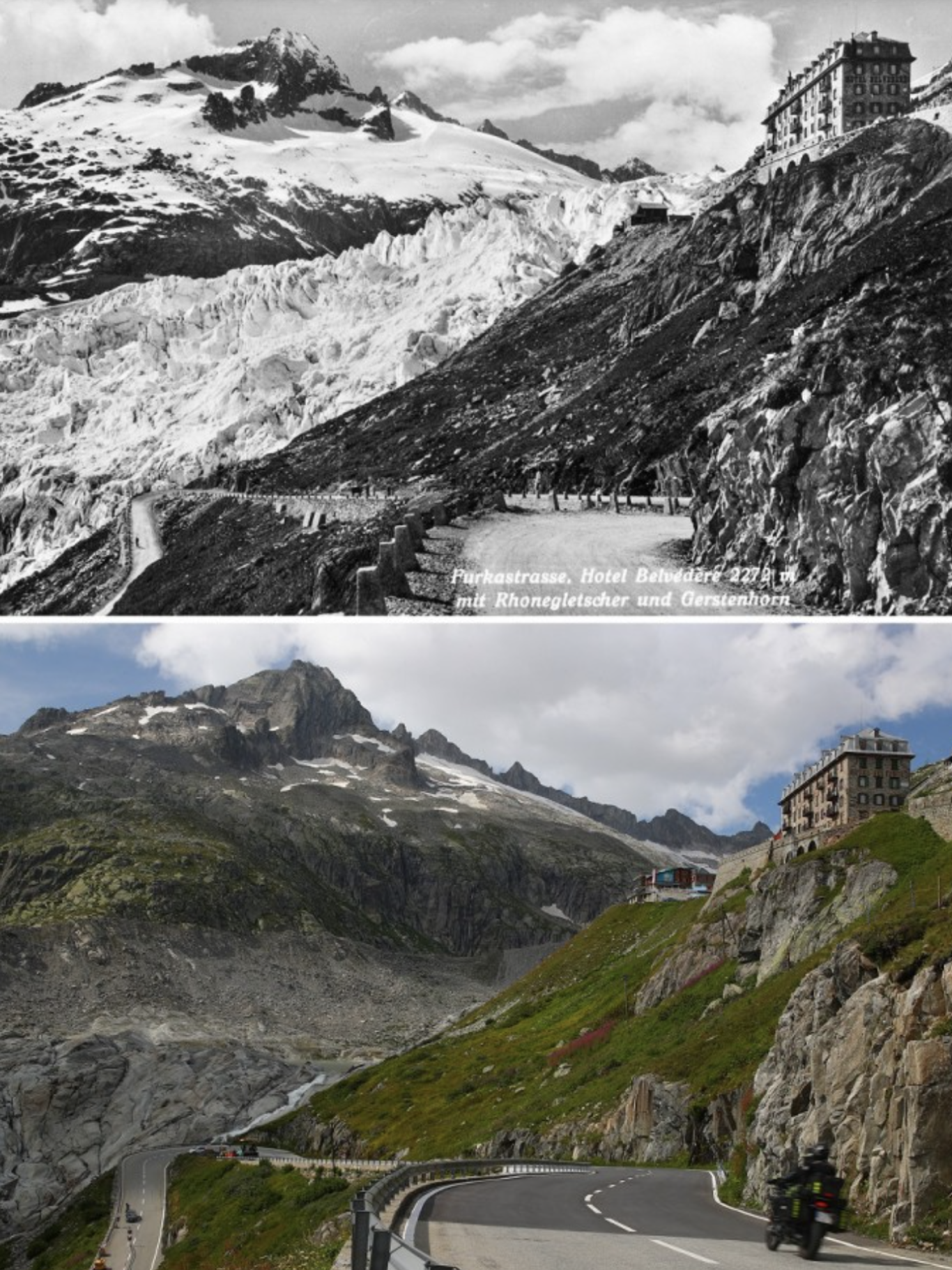 Hotel Belvedere and Rhone glacier 1935 and 2019